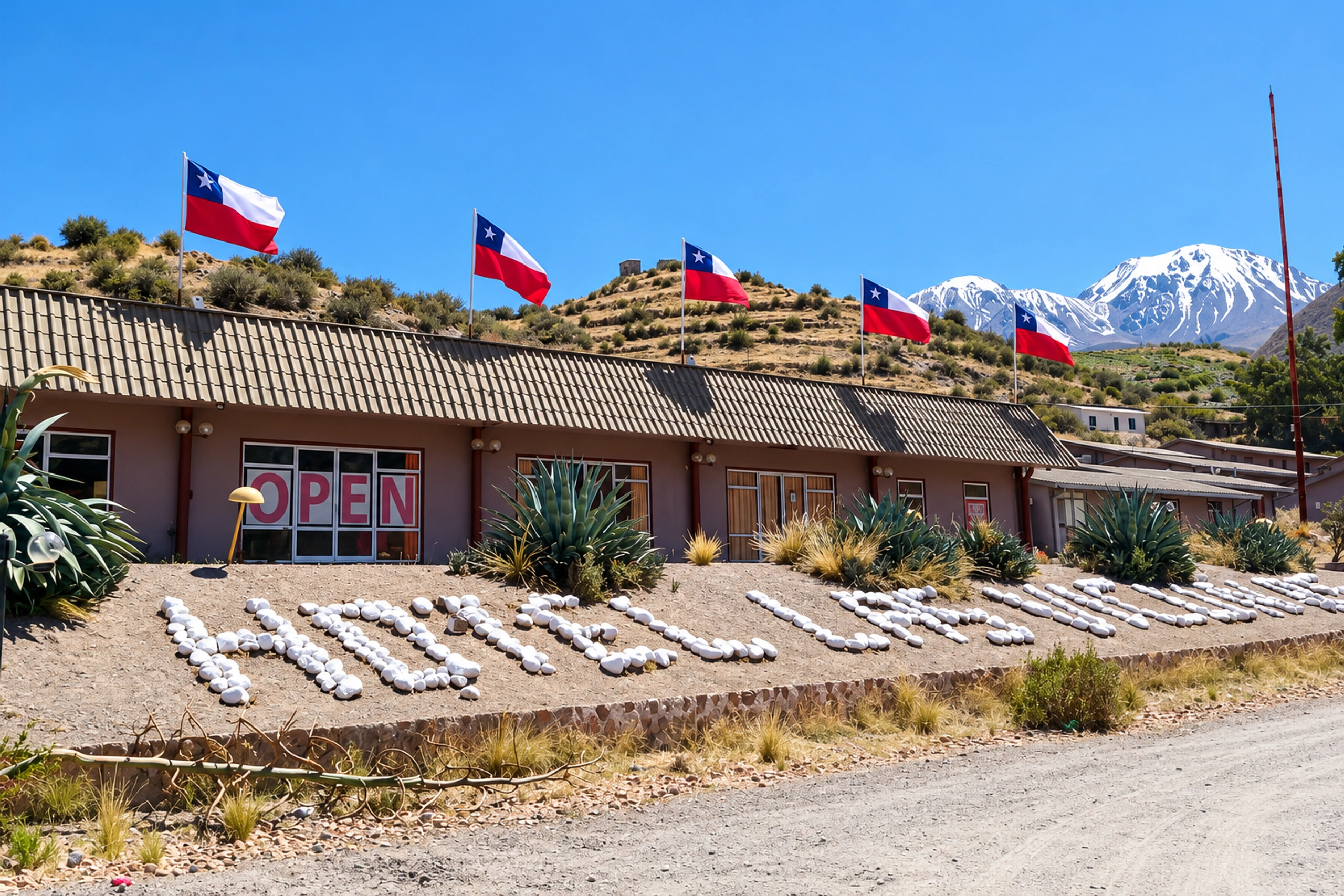 Fachada de Hotel Las Vicuñas con banderas chilenas y montañas al fondo